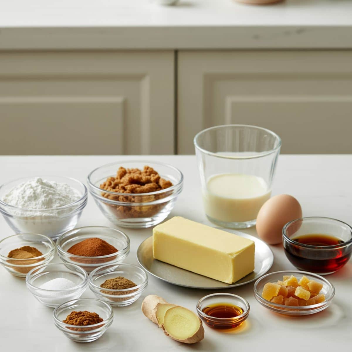 Flat lay of gingerbread muffin ingredients on a white kitchen table including flour, spices, butter, brown sugar, molasses, egg, buttermilk, fresh ginger, and crystallized ginger.