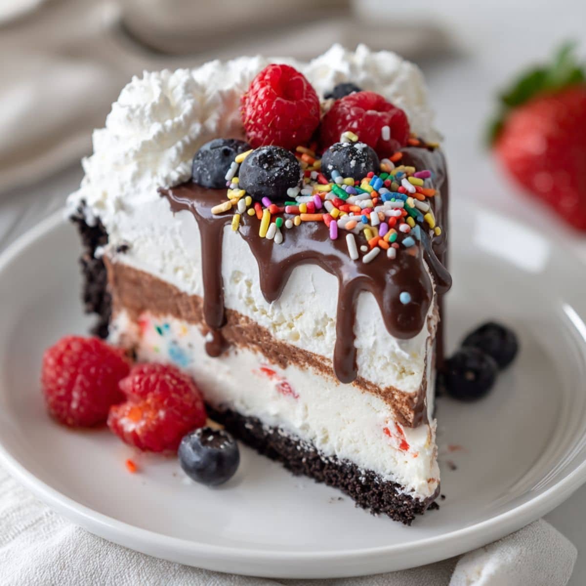 Homemade gluten free ice cream cake with cookie crust, layered ice cream, chocolate ganache, whipped cream, and berries on a white kitchen table, top-down view.