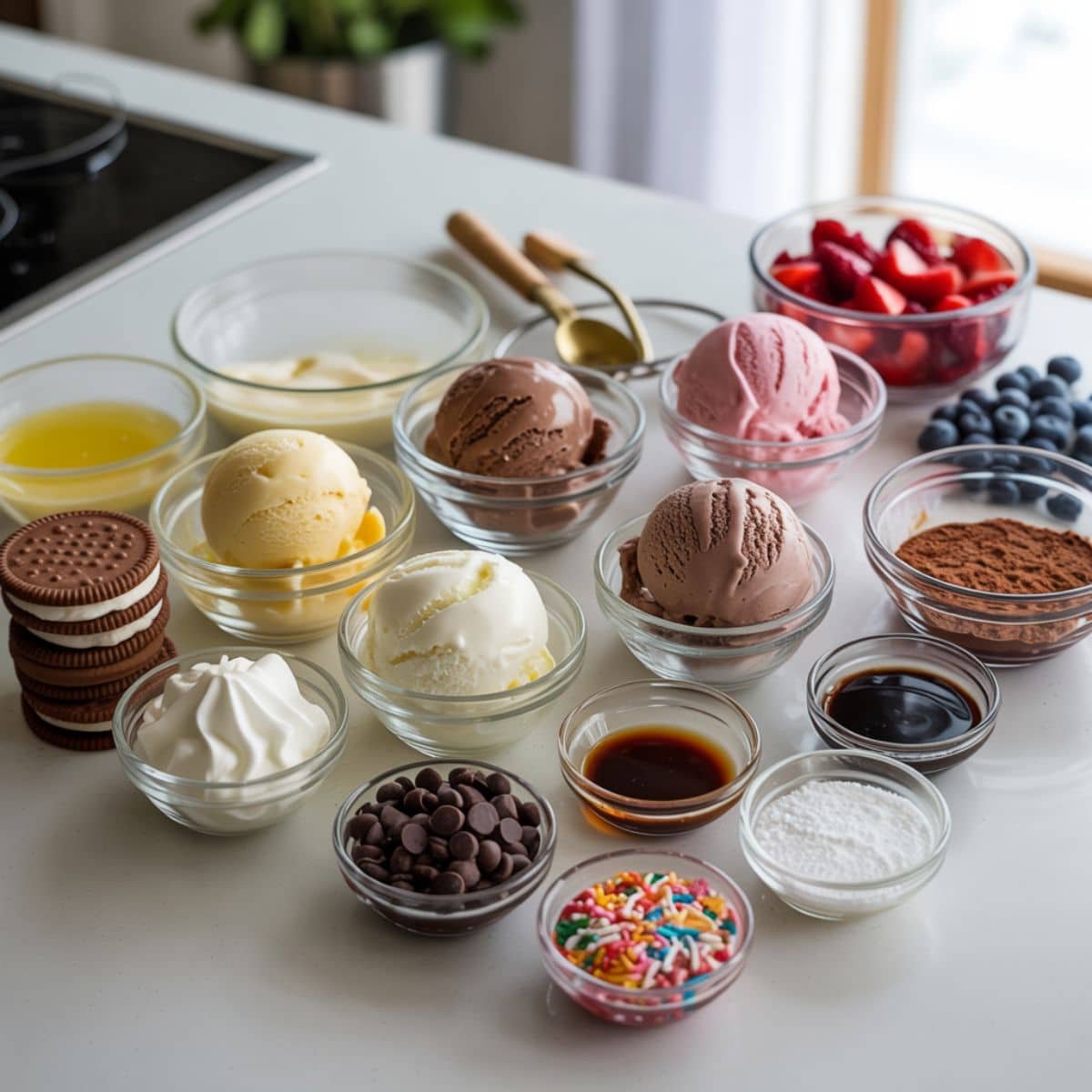 Ingredients for gluten free ice cream cake displayed on a white kitchen table