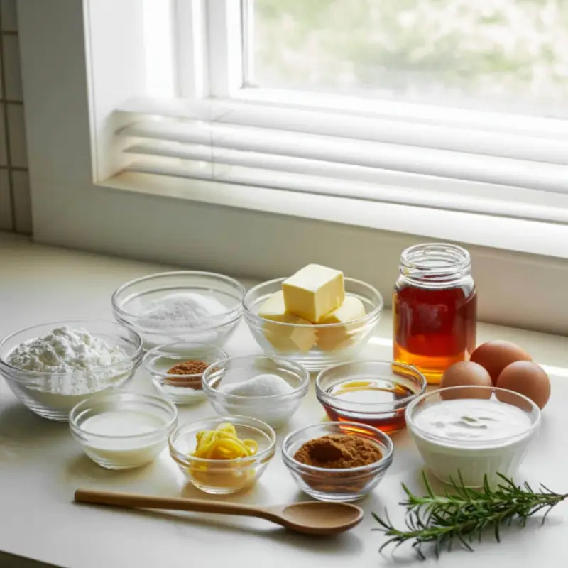 honey cupcake ingredients on a white kitchen table, including flour, butter, honey, eggs, sugar, milk, sour cream, cinnamon, and lemon zest.