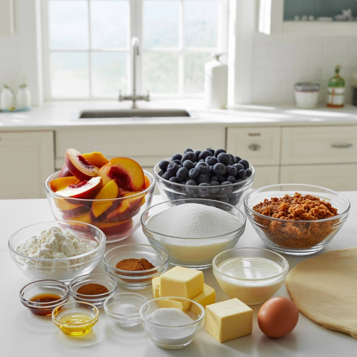 Flat lay of fresh peaches, blueberries, sugars, flour, spices, butter, pie crust, and other ingredients for peach blueberry pie on a white kitchen table.