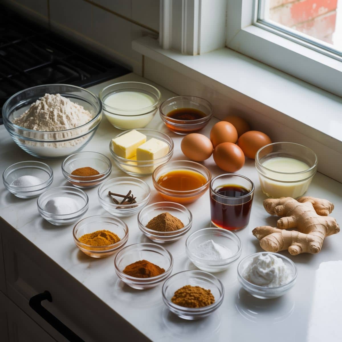 Top-down flat lay of gingerbread bundt cake ingredients—flour, spices, molasses, eggs, sour cream, coffee, butter, sugar—on a white kitchen table.