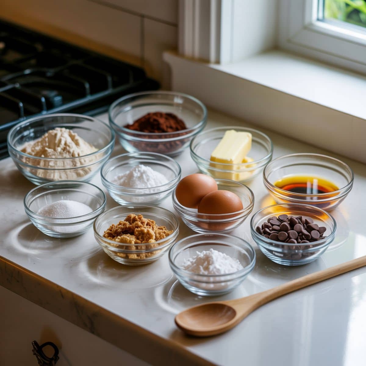 Flat lay of gluten free chocolate crinkle cookie ingredients in white bowls arranged neatly on a white kitchen counter