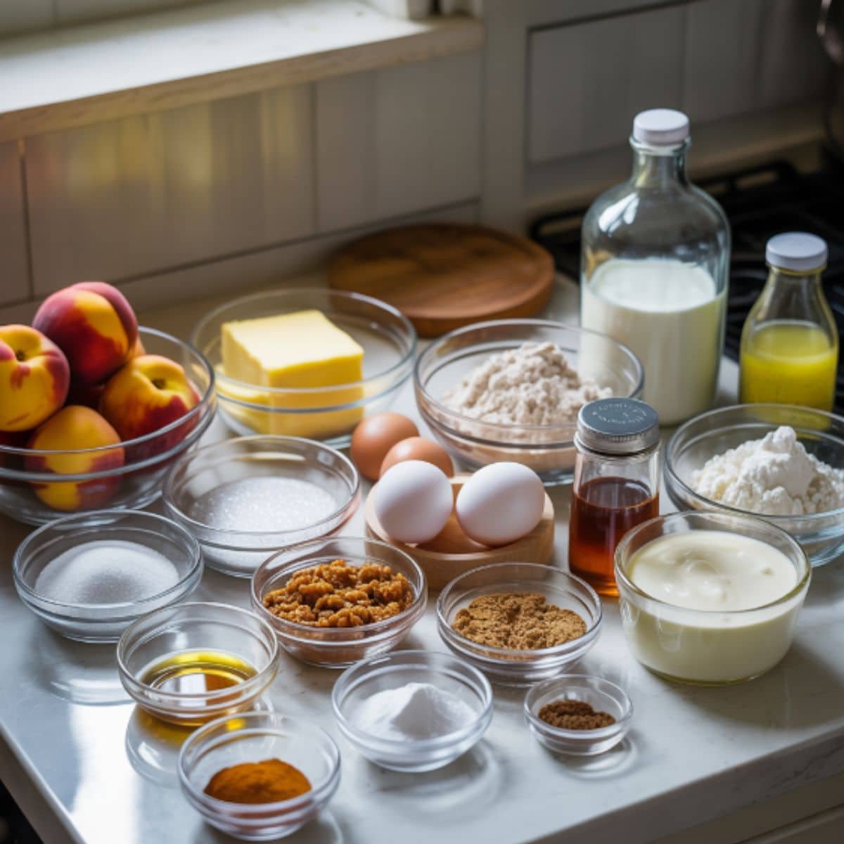 Top-down flat lay of ingredients for peach cobbler pound cake on a white kitchen table in simple bowls.