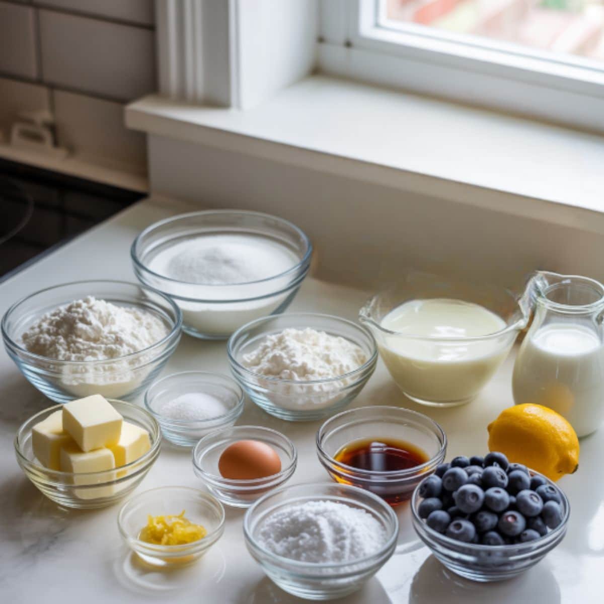 Overhead flat lay of measured scone ingredients on a white kitchen table.