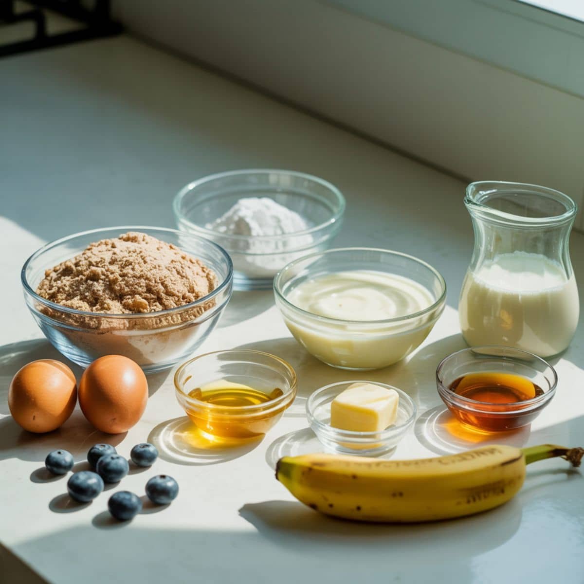 ingredients shot on a white table—mix, leavening, eggs, yogurt, milk, honey, oil/butter, vanilla, blueberries, and an optional banana.