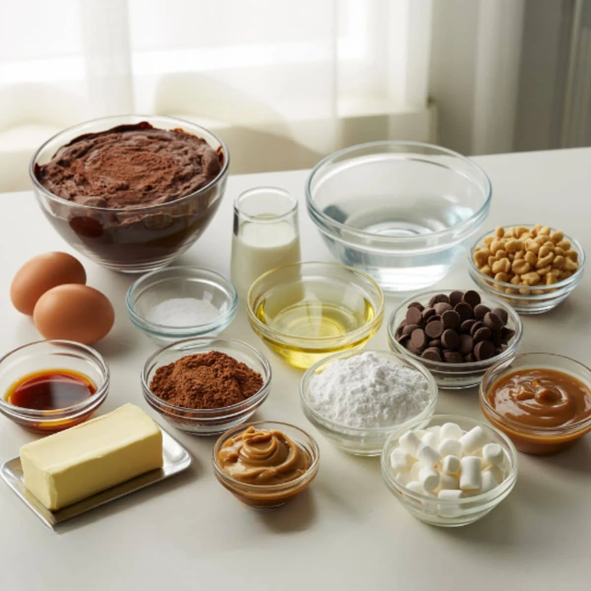 Ingredients for cake mix brownies including chocolate cake mix, eggs, oil, water, vanilla, and chocolate chips on a white kitchen table, shot from above.