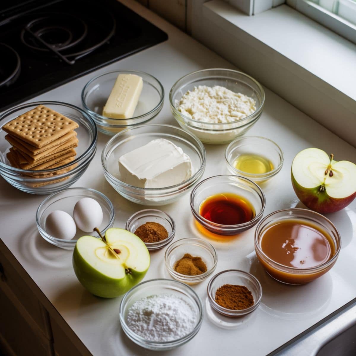 Top-down view of all ingredients for caramel apple cheesecake bars