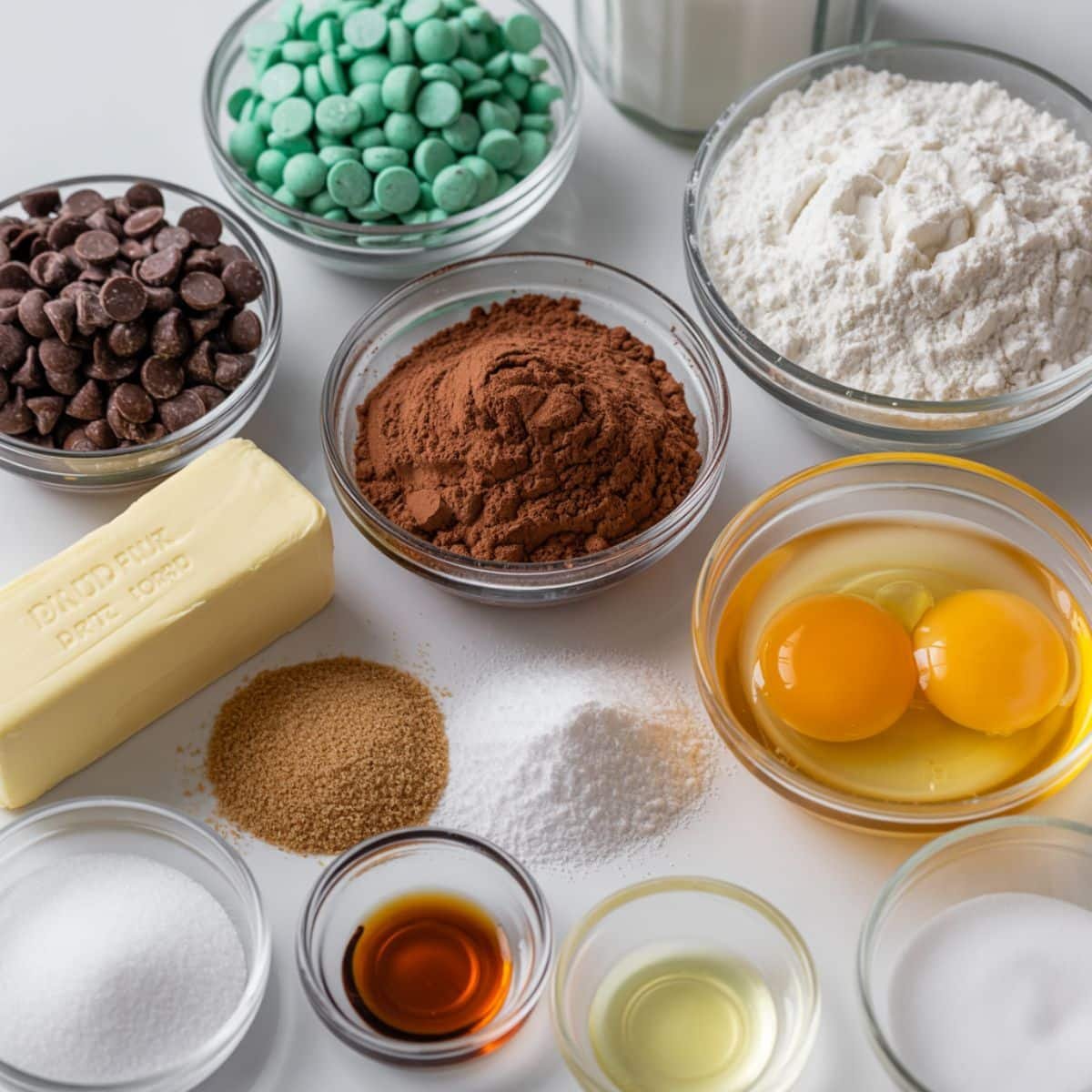 Flat lay of chocolate mint cookie ingredients on a white kitchen table