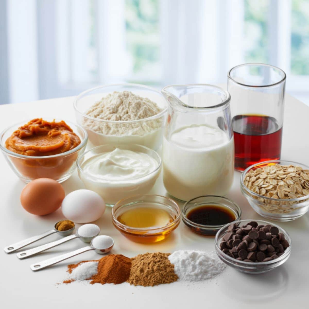 All ingredients for healthy pumpkin muffins displayed on a white kitchen table, top-down view.