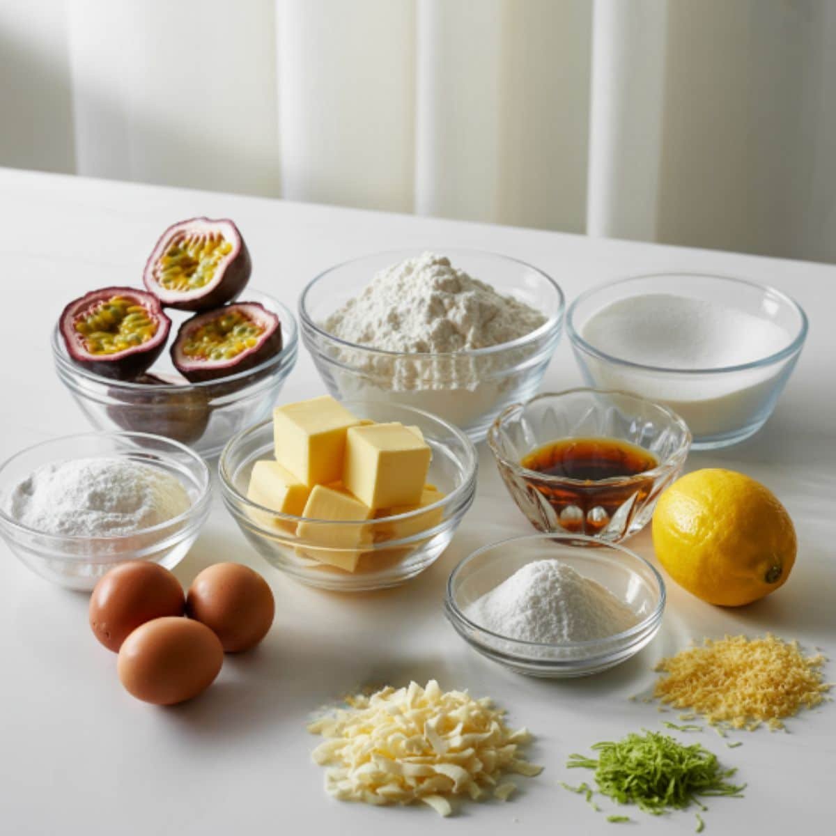 Top-down view of passionfruit bars ingredients on a white kitchen counter: fresh passion fruits, butter, flour, sugar, eggs, vanilla, salt, cream, lemon, cornstarch, coconut flakes, and lime zest.