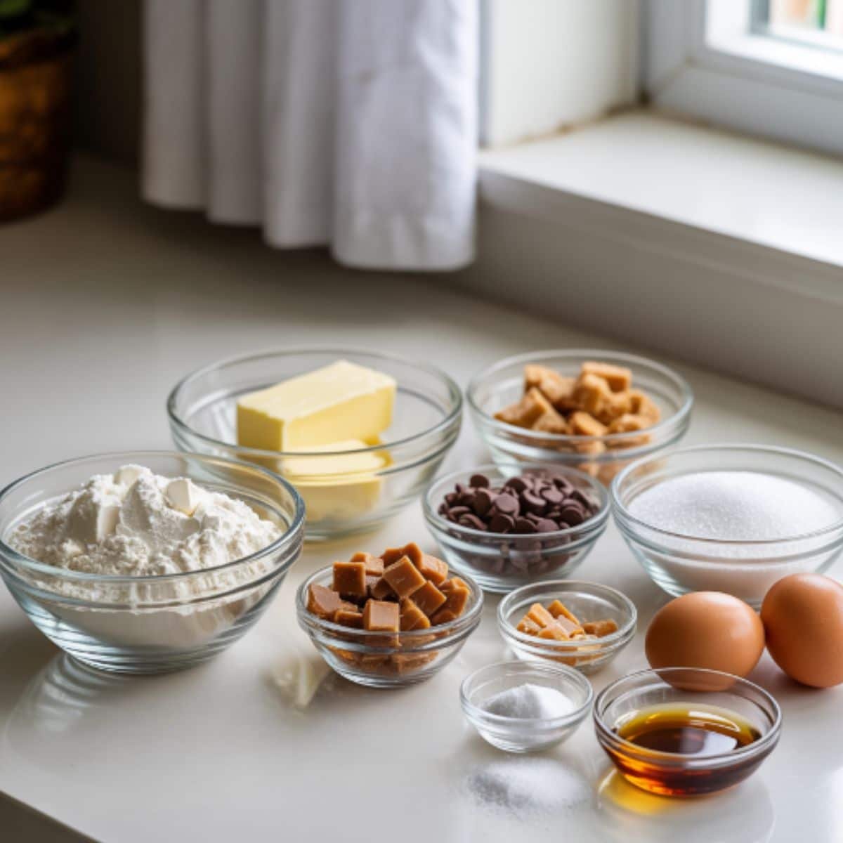 Top-down shot of all ingredients for toffee cookies arranged casually on a white kitchen table.