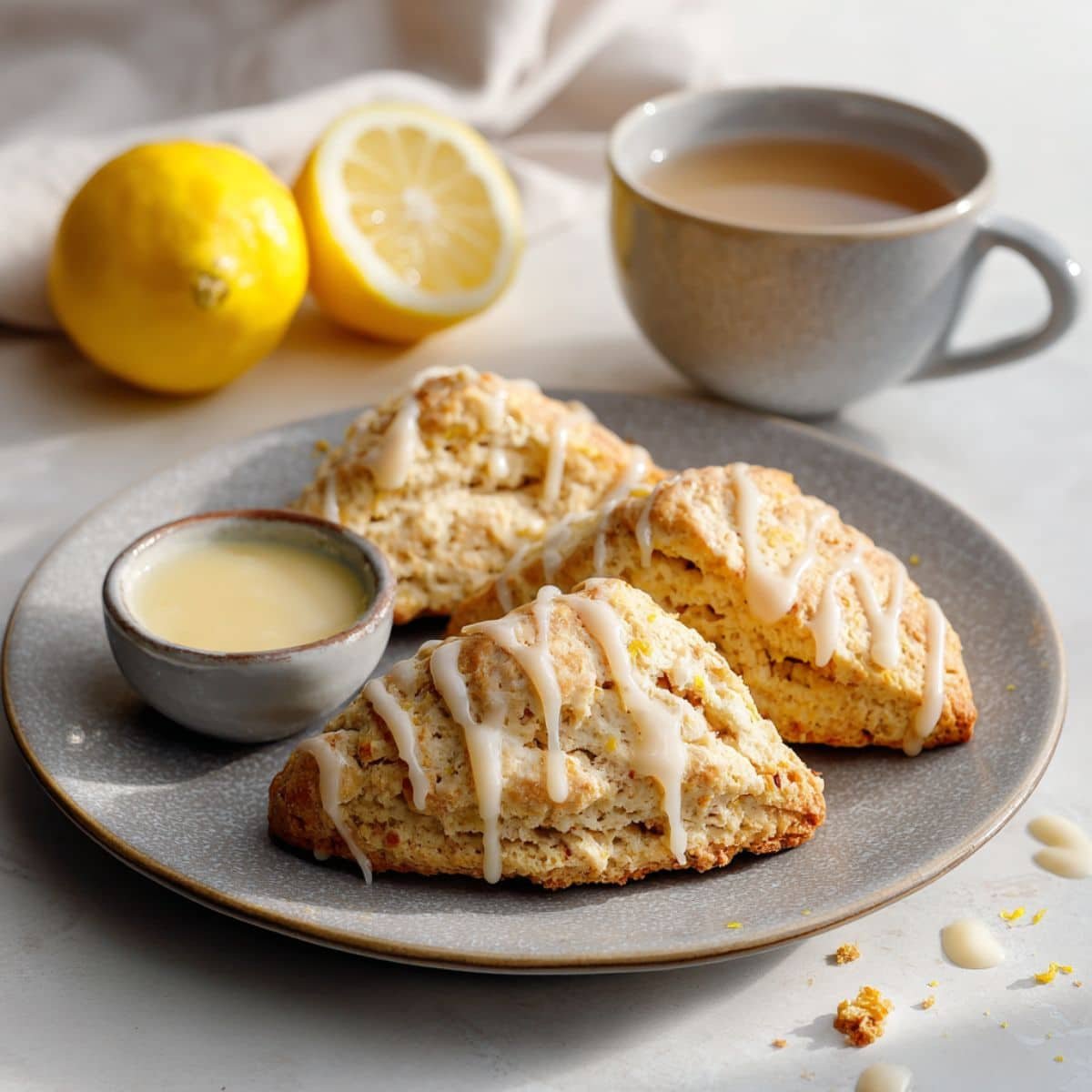 homemade lemon scones recipe on plate with light glaze and crumbs on a white kitchen table.