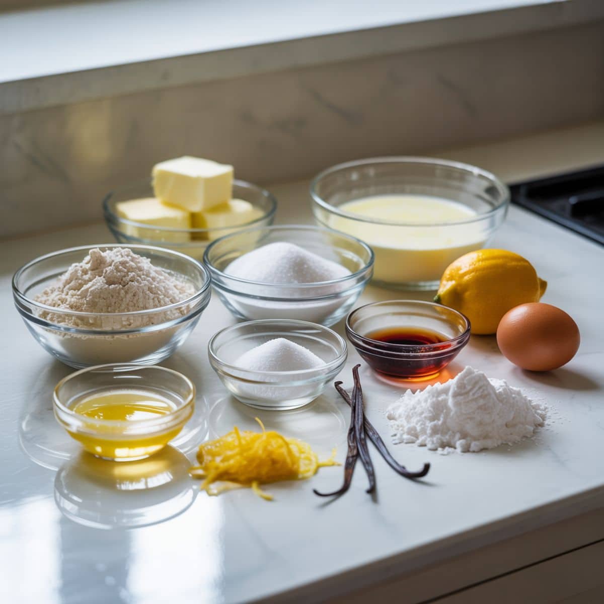 Overhead flat lay of lemon scone ingredients with casual spills on a white kitchen table.