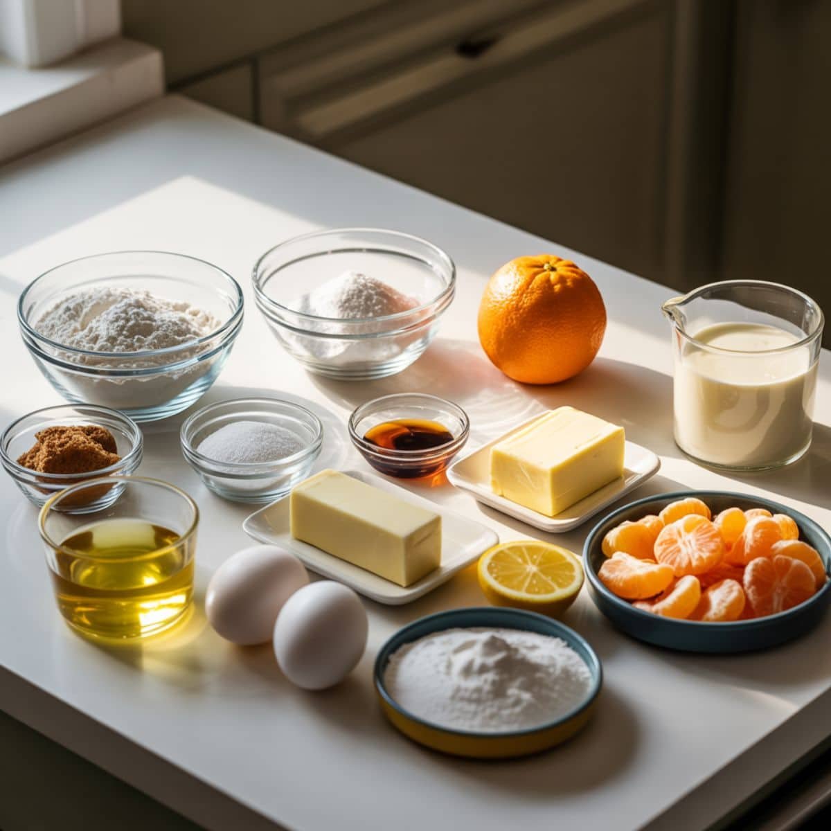 Top view of mandarin orange cake ingredients spread on a white kitchen table