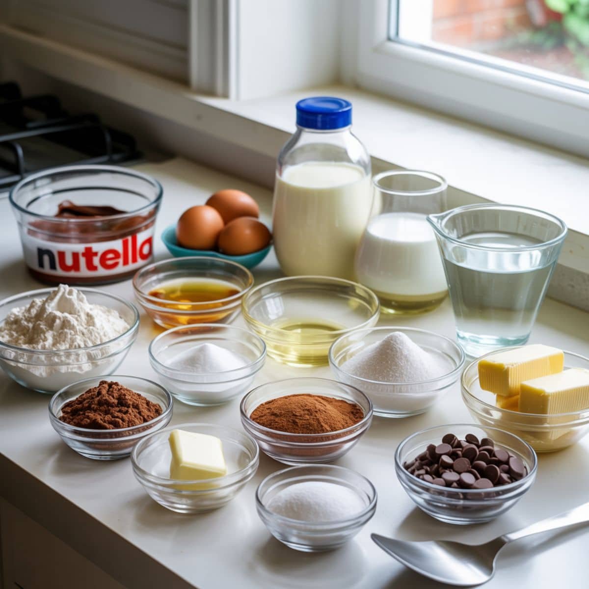 Top-down view of Nutella cupcake ingredients laid out on a white kitchen counter, including flour, cocoa powder, sugar, eggs, Nutella, and more.