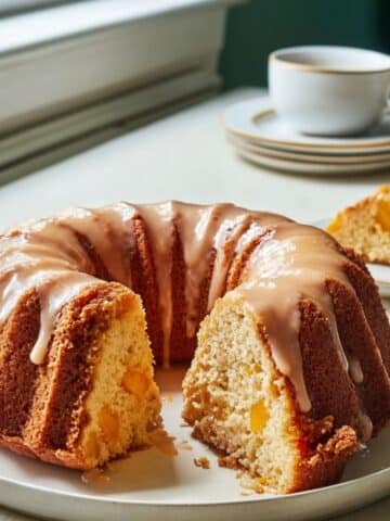 Top-down homemade peach cobbler pound cake with a slice on a white plate, light glaze drips and crumbs on a white kitchen table.
