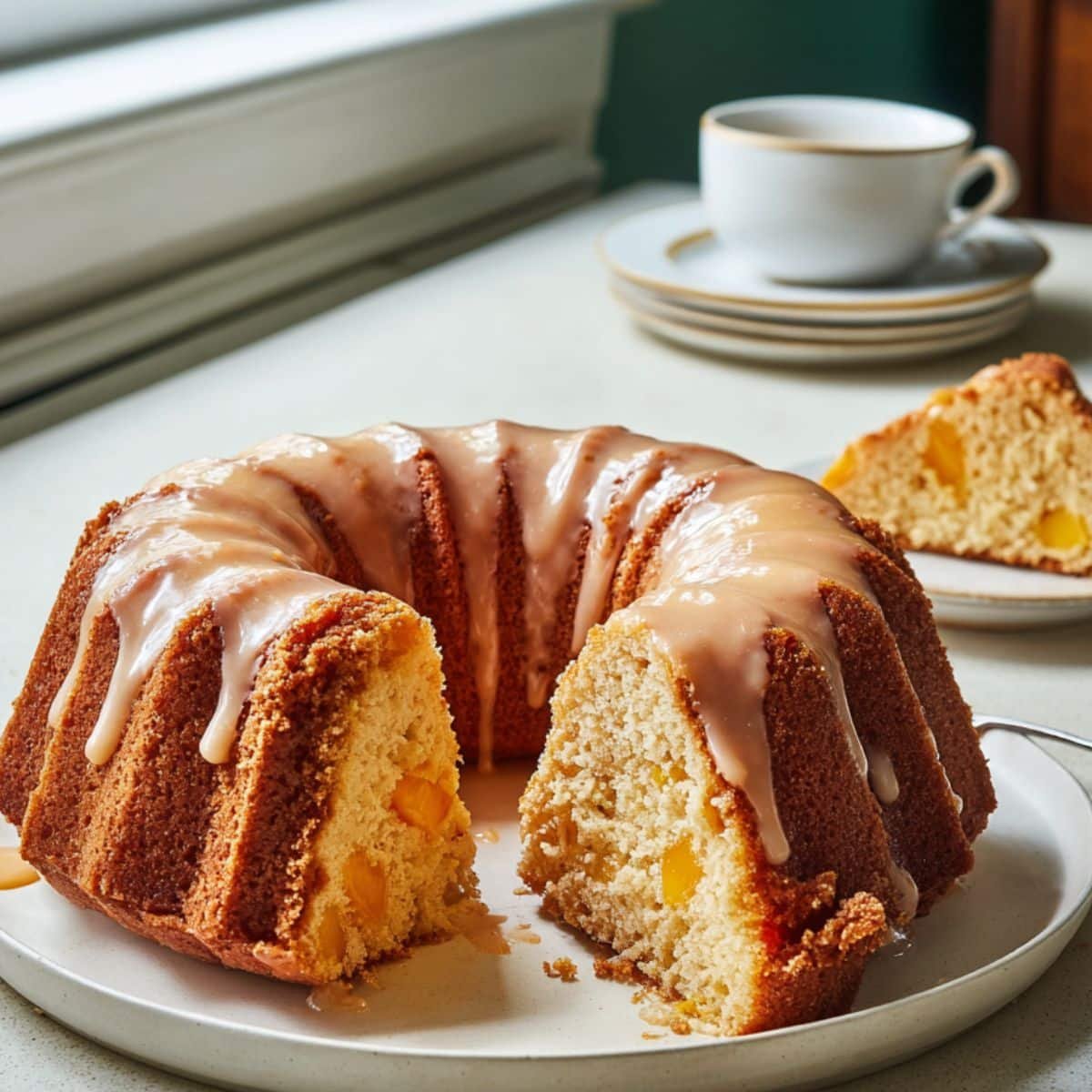 Top-down homemade peach cobbler pound cake with a slice on a white plate, light glaze drips and crumbs on a white kitchen table.