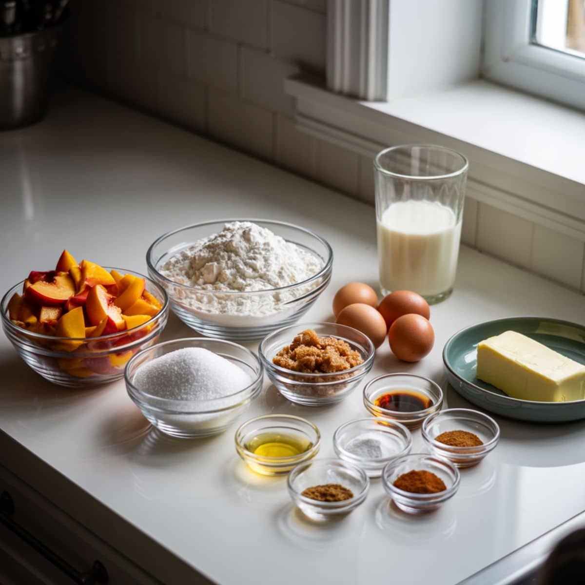 Flat lay of peach muffin ingredients including peaches, flour, sugar, eggs, butter, milk, and spices on a white kitchen table, top-down shot.