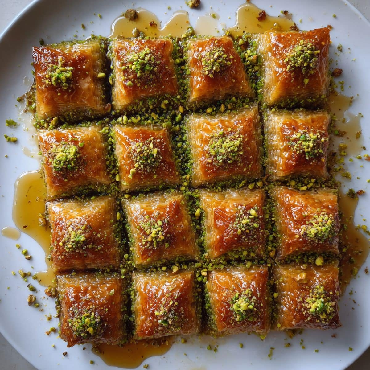 Homemade pistachio baklava squares on a white kitchen table, cut into diamond shapes with syrup and crumbs around.