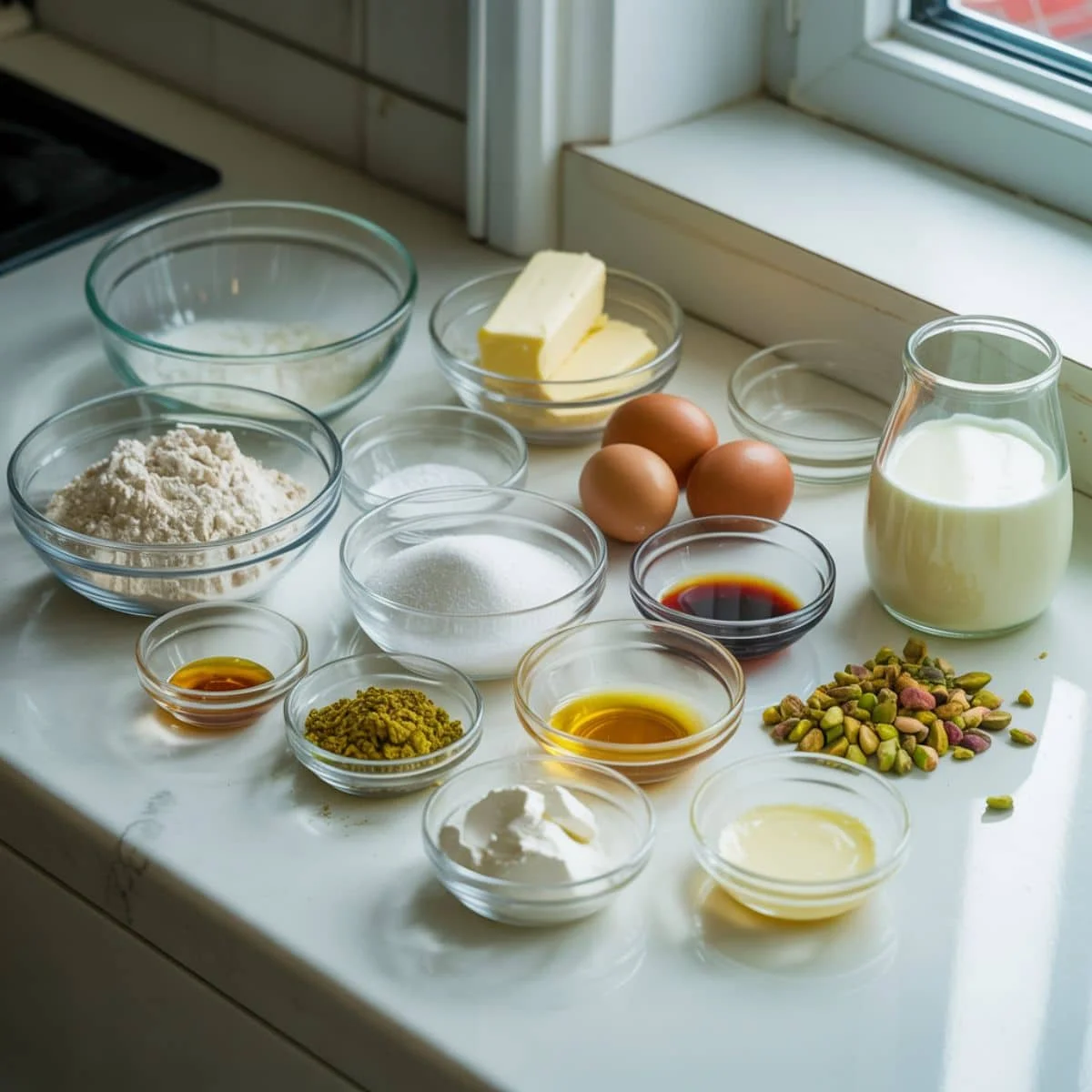 Flat lay of pistachio cupcakes recipe ingredients including on a white kitchen table.