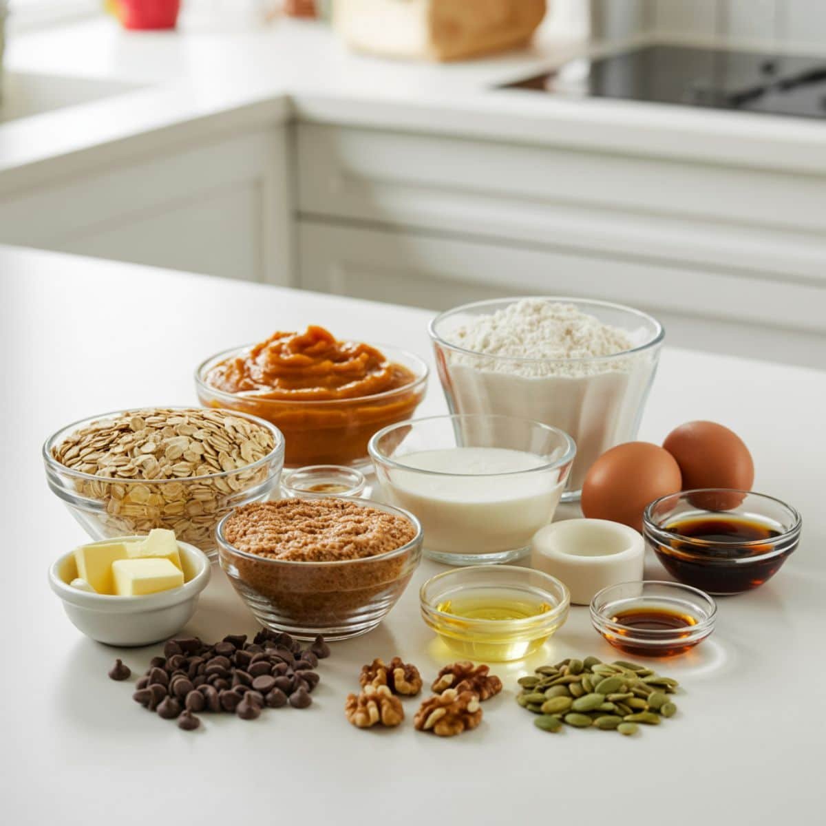 Flat lay of pumpkin oatmeal bar ingredients on a white kitchen table, including oats, pumpkin puree, flour, sugar, eggs, butter, spices, and optional toppings.