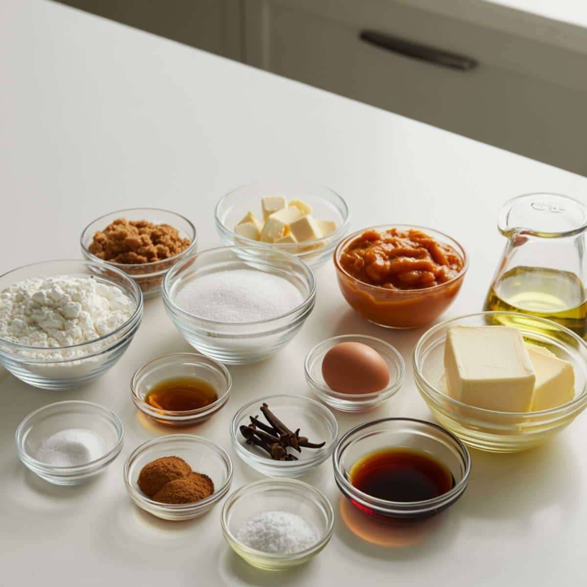 All ingredients for pumpkin whoopie pies displayed on a white kitchen table, shot from above.