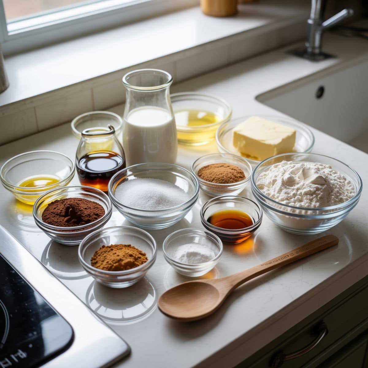 vegan cupcake recipe ingredients arranged on a white kitchen table, including flour, cocoa, oil, and almond milk.