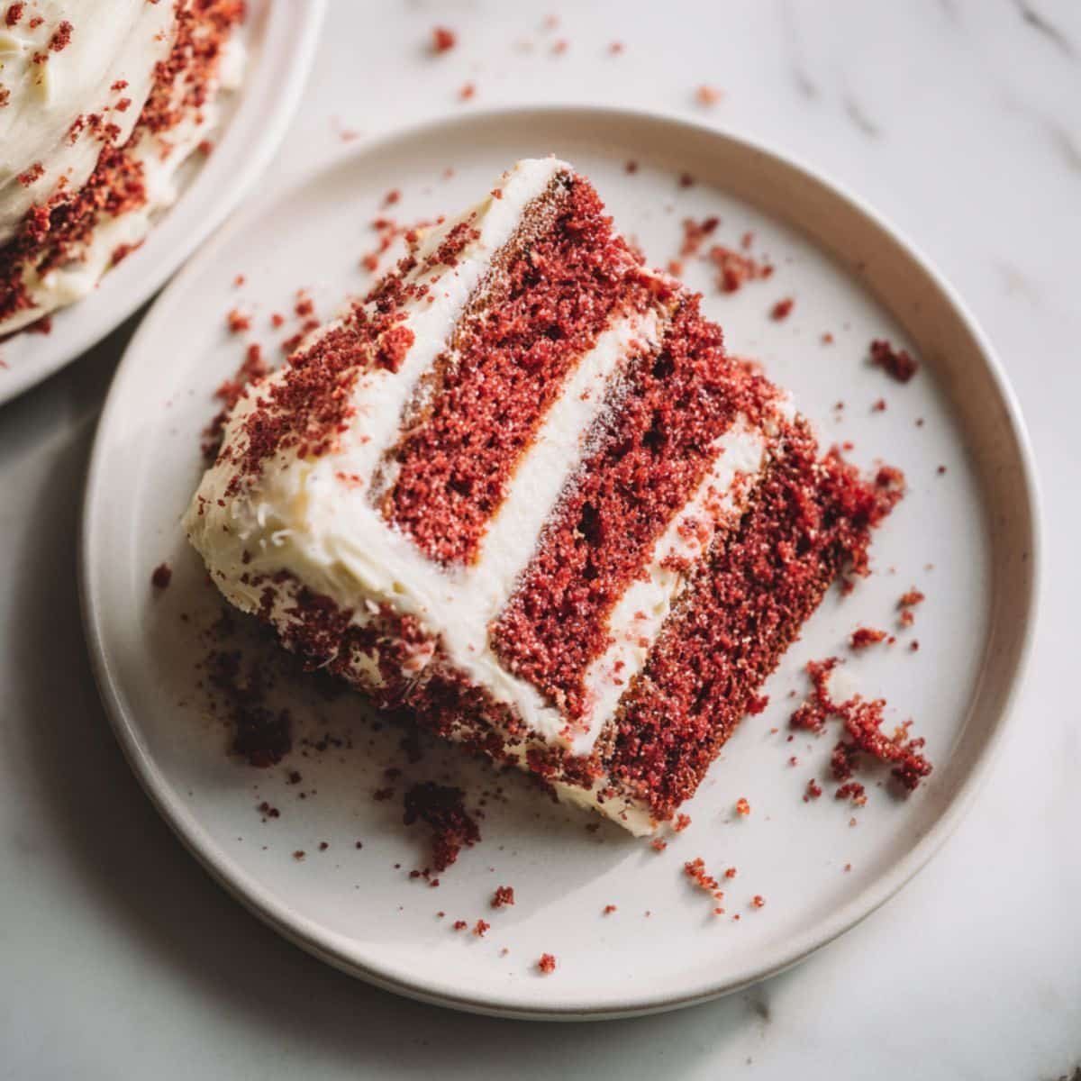 Homemade red and white cake with cream cheese frosting, sliced to reveal vibrant red layers, on a white kitchen table, photographed from above