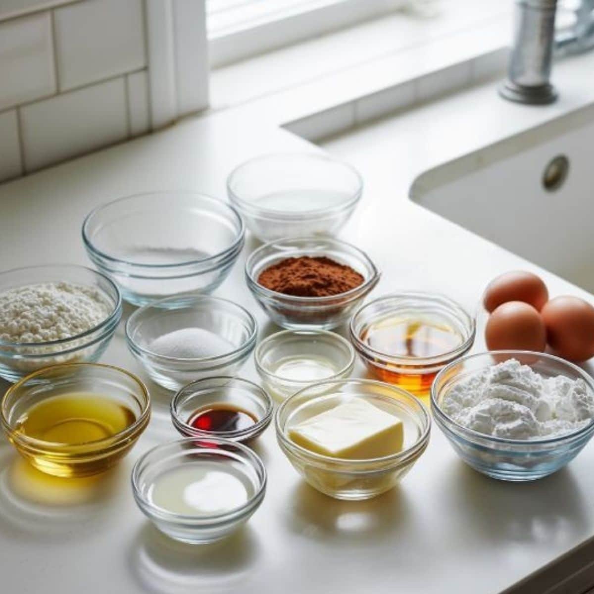 view of all ingredients for a red and white cake, including flour, sugar, cocoa, eggs, oil, buttermilk, red food coloring, cream cheese, butter, powdered sugar, and heavy cream on a white kitchen table.