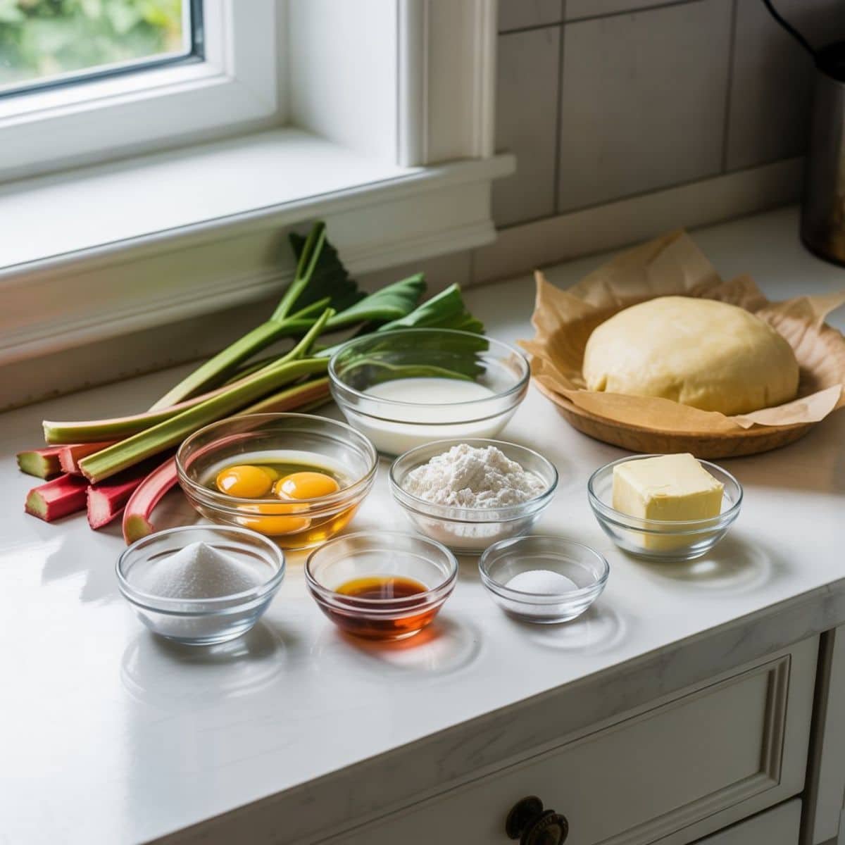 Fresh rhubarb, eggs, cream, sugar, flour, vanilla, salt, butter, and pie dough displayed casually on a white kitchen table, top-down shot.