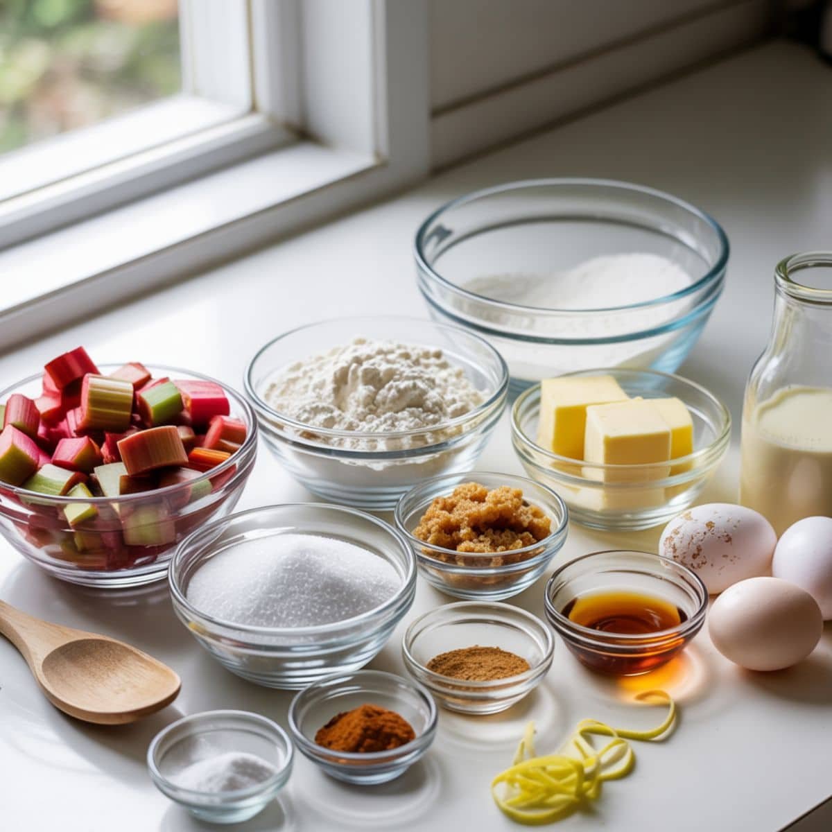 Top-down view of rhubarb muffin ingredients in bowls and measuring cups on a white kitchen table, casually arranged