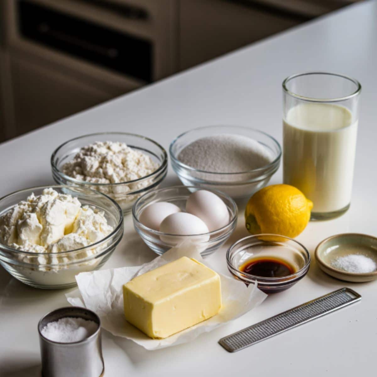 All ingredients for simple ricotta cookies laid out on a white kitchen table in a casual homemade style.