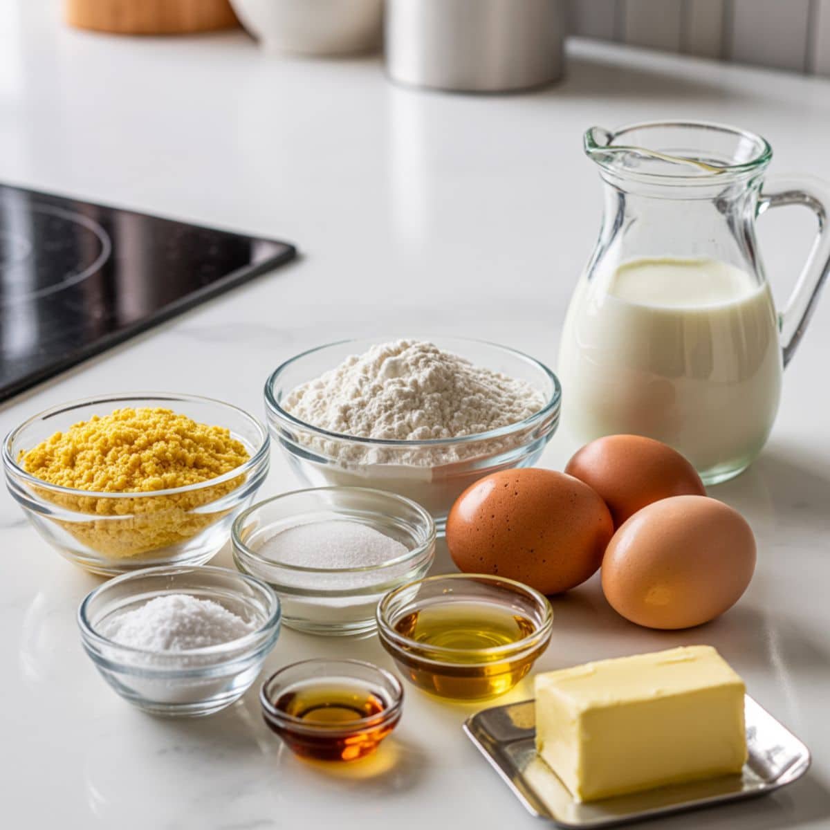 Top-down photo of measured corn muffin ingredients in small bowls on a white kitchen table with a whisk and lined muffin tin.