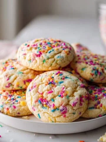 High-angle homemade sprinkle cookies recipe on wrinkled parchment over a white kitchen table, with scattered crumbs and rainbow jimmies.