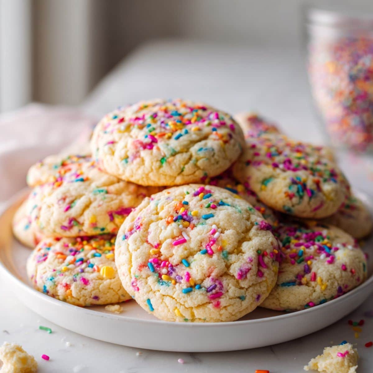 High-angle homemade sprinkle cookies recipe on wrinkled parchment over a white kitchen table, with scattered crumbs and rainbow jimmies.