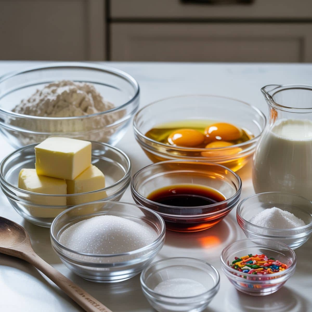 High-angle flat-lay of all sprinkle cookie ingredients on a white kitchen table, including flour, butter, sugar, eggs, vanilla, leavening, salt, rainbow jimmies, and optional glaze items.