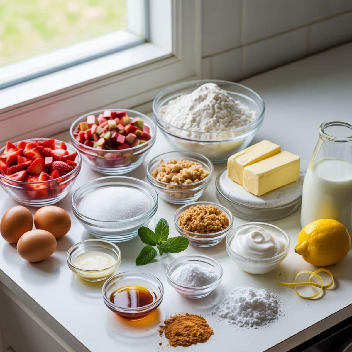 Top-down strawberry rhubarb cake ingredients on a white table—strawberries, rhubarb, flours, sugars, butter, eggs, vanilla, leavening, sour cream, milk, lemon zest.
