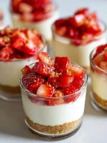 Featured image of homemade strawberry cheesecake cups with fresh strawberry topping on a white kitchen table.