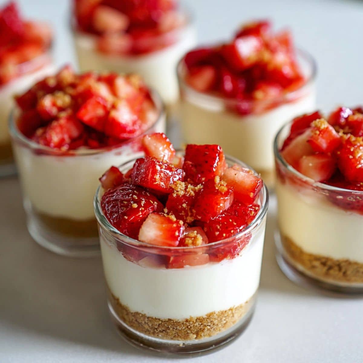 Featured image of homemade strawberry cheesecake cups with fresh strawberry topping on a white kitchen table.