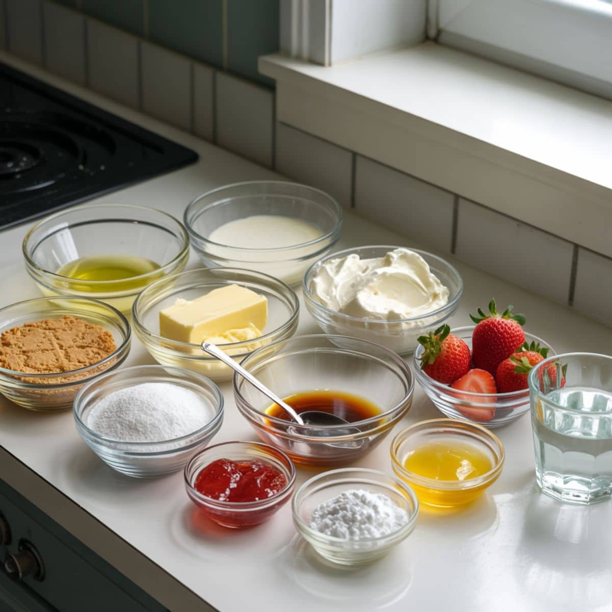 Flat lay of ingredients for strawberry cheesecake cups, including cream cheese, graham cracker crumbs, strawberries, and jam on a white kitchen table.