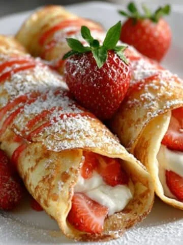 Homemade strawberry crepes recipe with cream cheese and fresh strawberries on a white kitchen table, topped with powdered sugar.