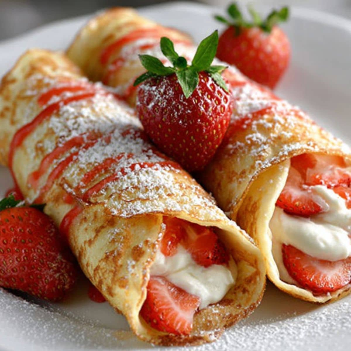 Homemade strawberry crepes recipe with cream cheese and fresh strawberries on a white kitchen table, topped with powdered sugar.