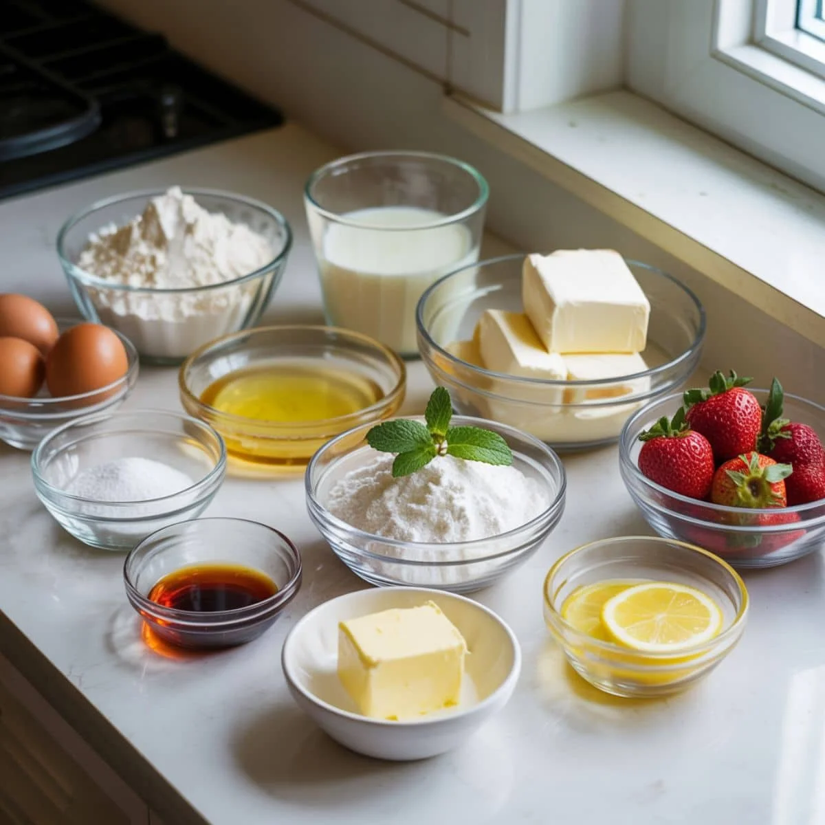 Top-down photo of ingredients for homemade strawberry crepes on a white kitchen table, including flour, eggs, milk, butter, sugar, vanilla, salt, strawberries, cream cheese, powdered sugar, cream, and lemon.