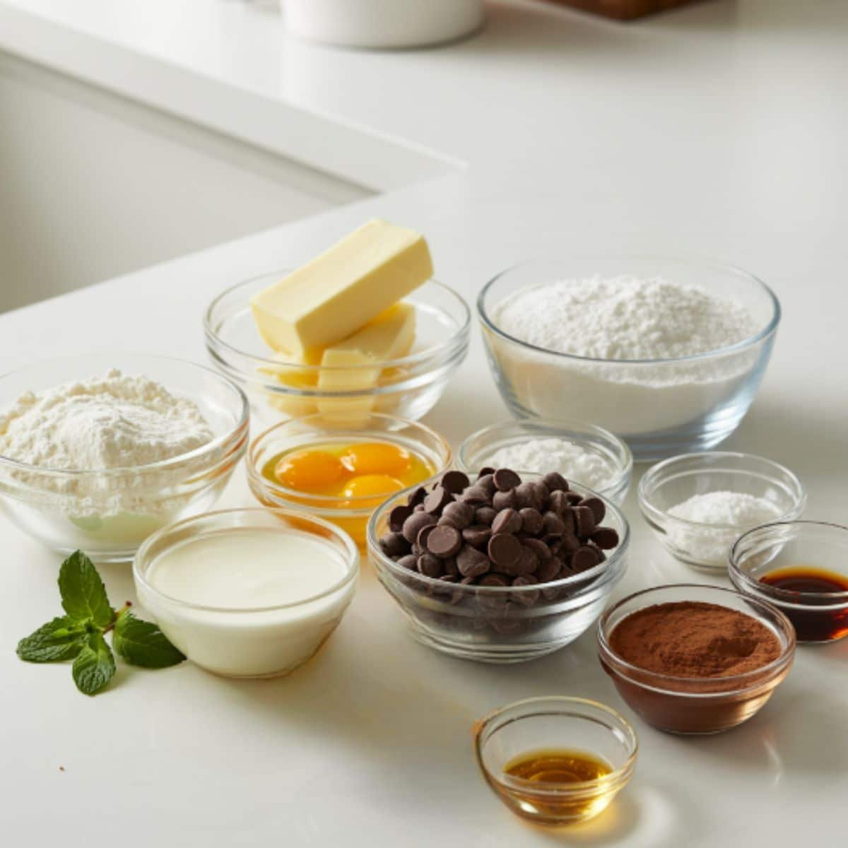Top-down bowls of flour, butter, sugar, cocoa, chocolate chips, cream, and an egg on a white table.