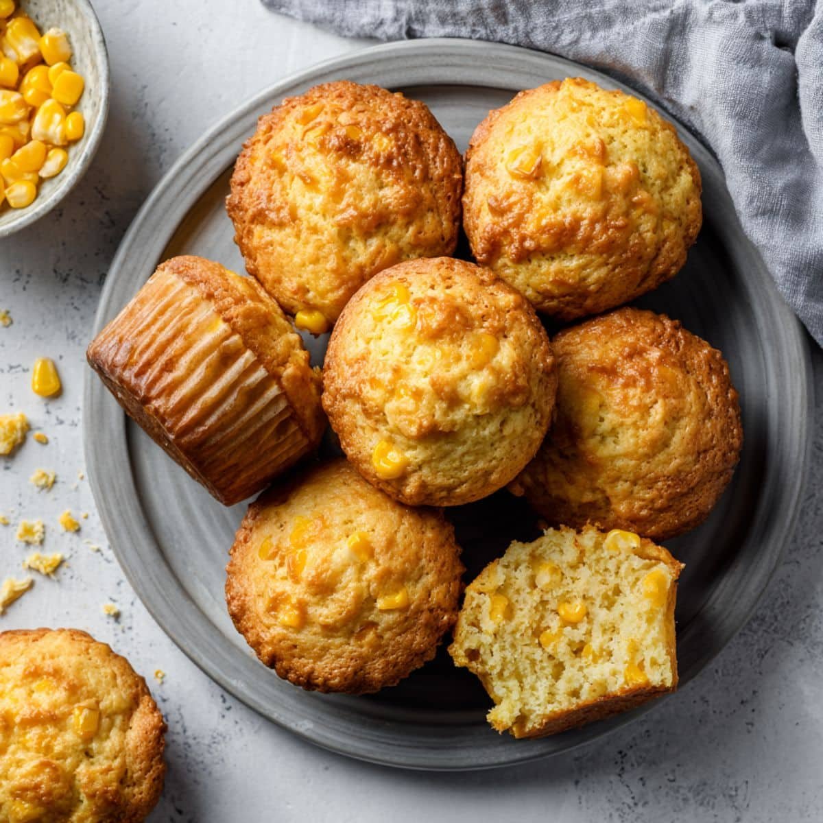 Top-down shot of sweet corn muffins recipe in a tin on a white kitchen table; a few out, crumbs, natural light.