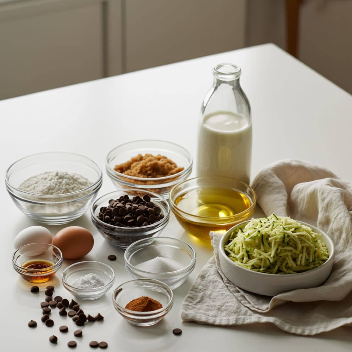 Top-down photo of measured ingredients for chocolate chip zucchini muffins on a white table, with a towel and measuring tools.