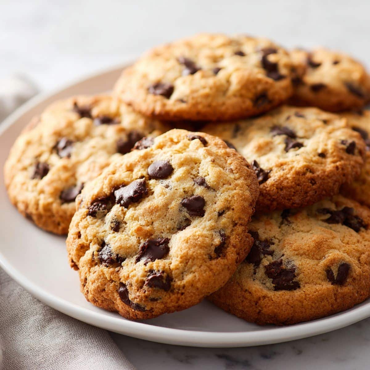 Featured image of air fryer chocolate chip cookies in a white kitchen, crispy edges and chewy centers