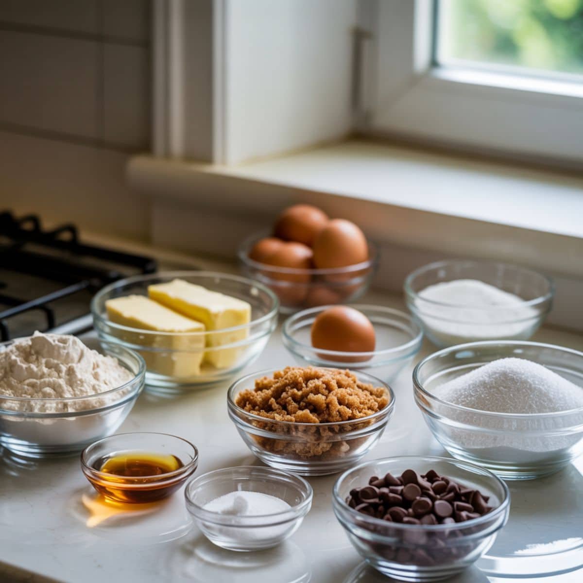 Flat lay of ingredients for air fryer chocolate chip cookies on a white kitchen counter, including flour, butter, sugars, egg, vanilla, and chocolate chips