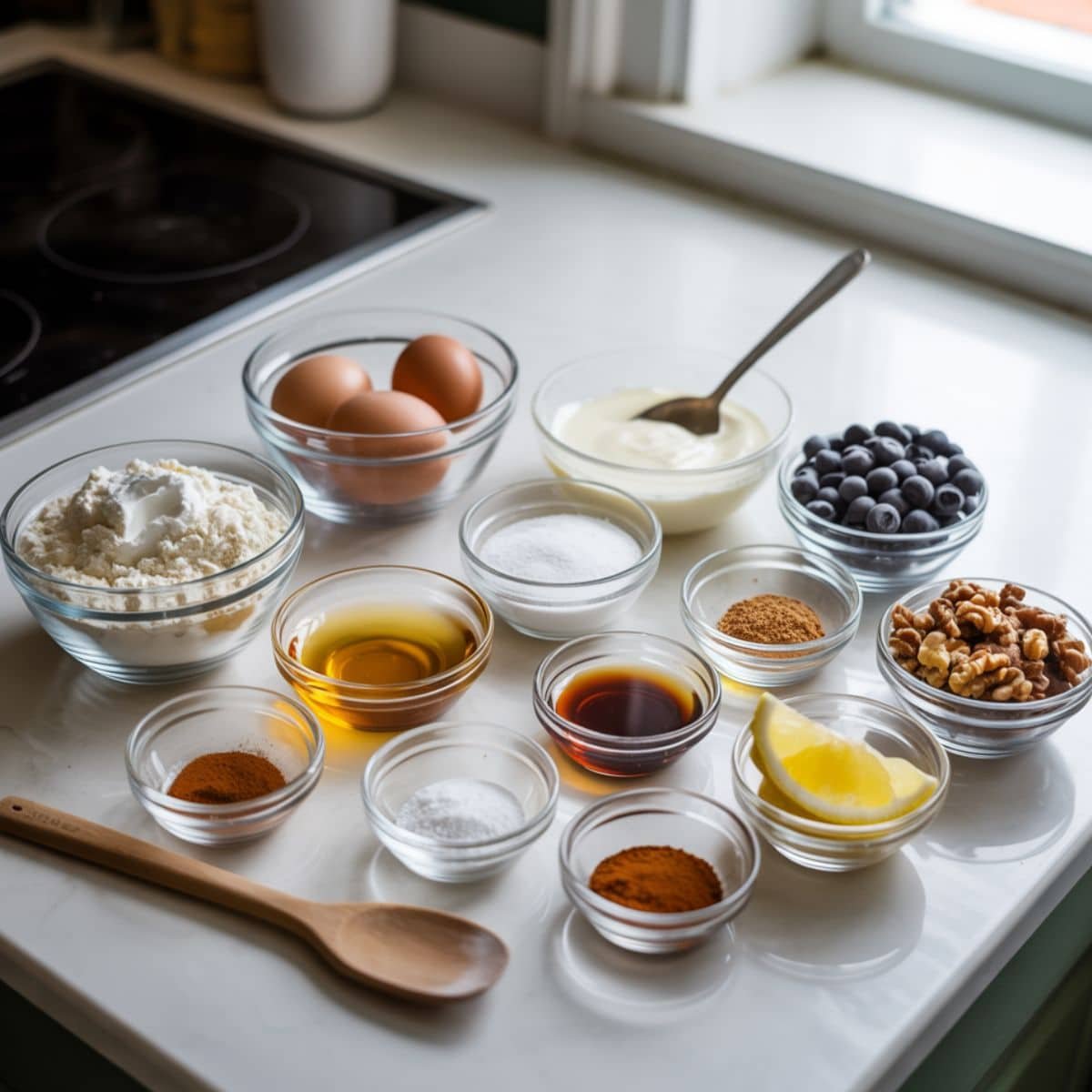 Ingredients for almond flour muffins arranged neatly on a white kitchen counter